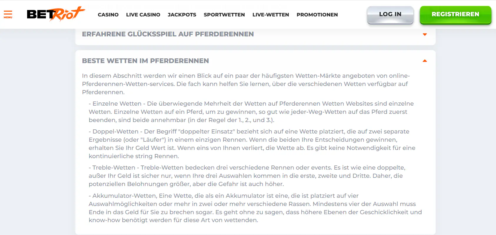 BetRiot-Seite über Pferderennen mit Erklärungen der Wettarten