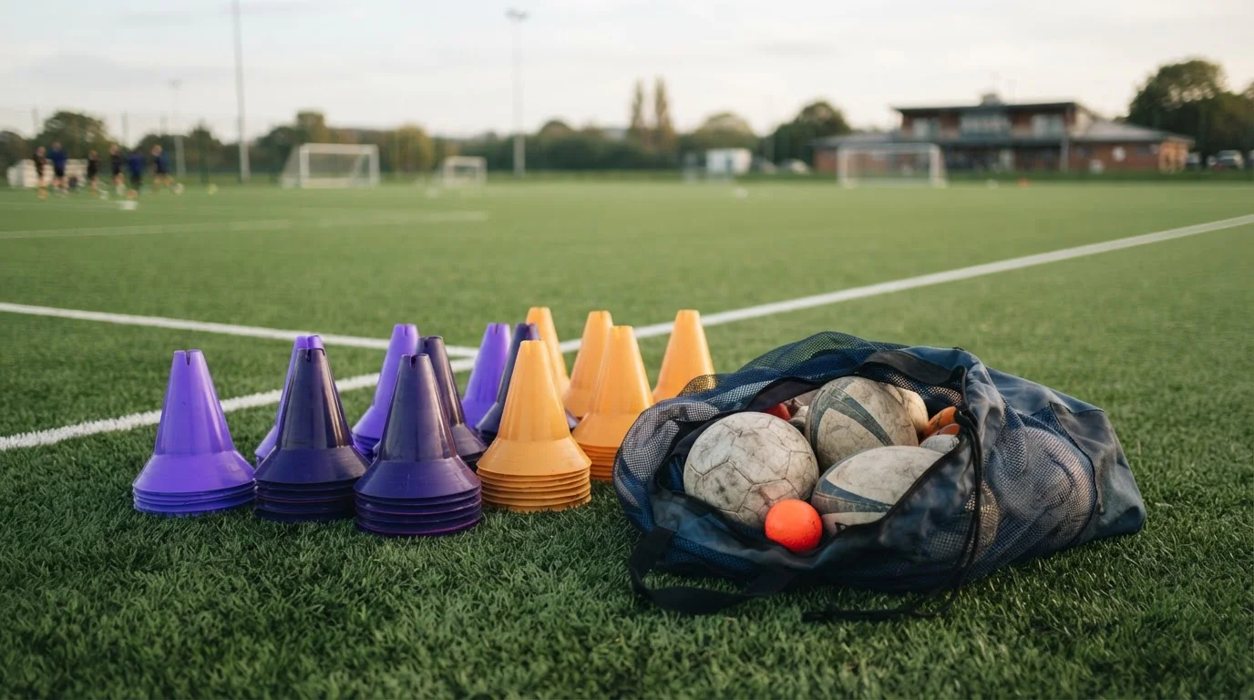 Trainingshütchen, Sportbälle und Markierungslinien auf einer Sportanlage
