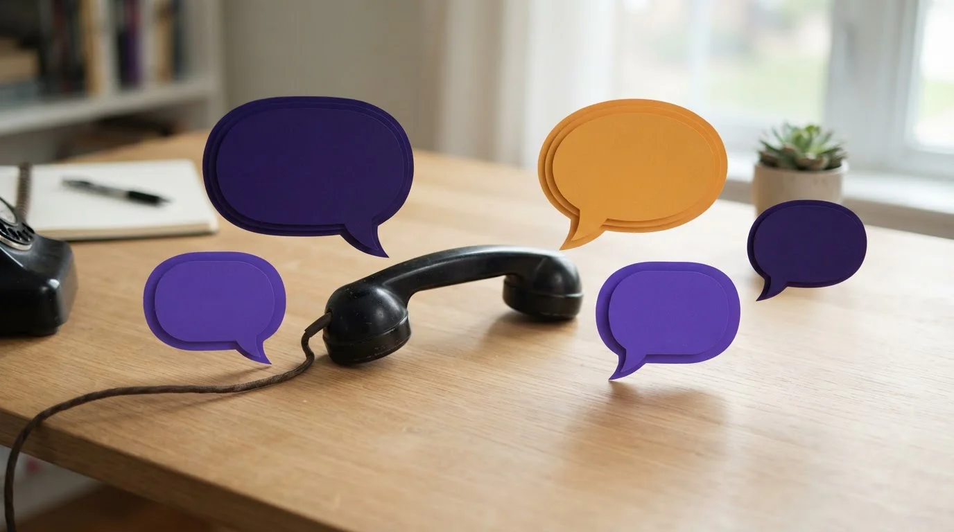 Neutrale Sprechblasen und ein Telefonhörer auf hellem Hintergrund