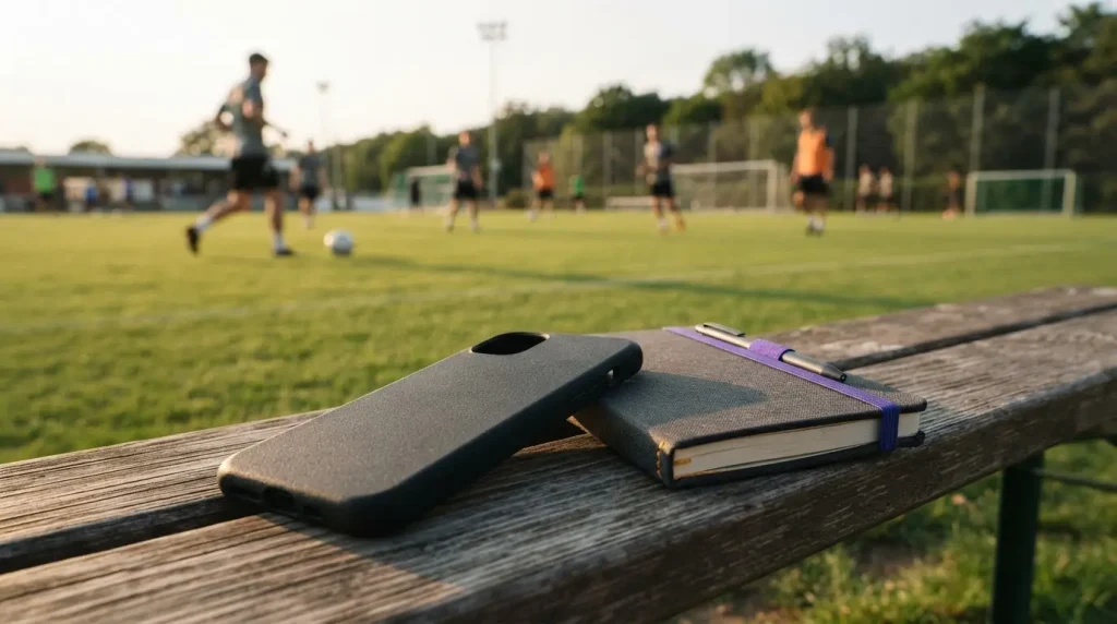 Smartphone mit dunklem Schutzgehäuse auf einem Tisch am Rand einer Sportanlage