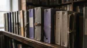 Mehrere beschriftungsfreie Archivordner nebeneinander auf schlichten Holzregalen
