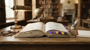 Aufgeschlagenes Nachschlagebuch mit farbigen unbeschrifteten Registerblättern auf einem Tisch