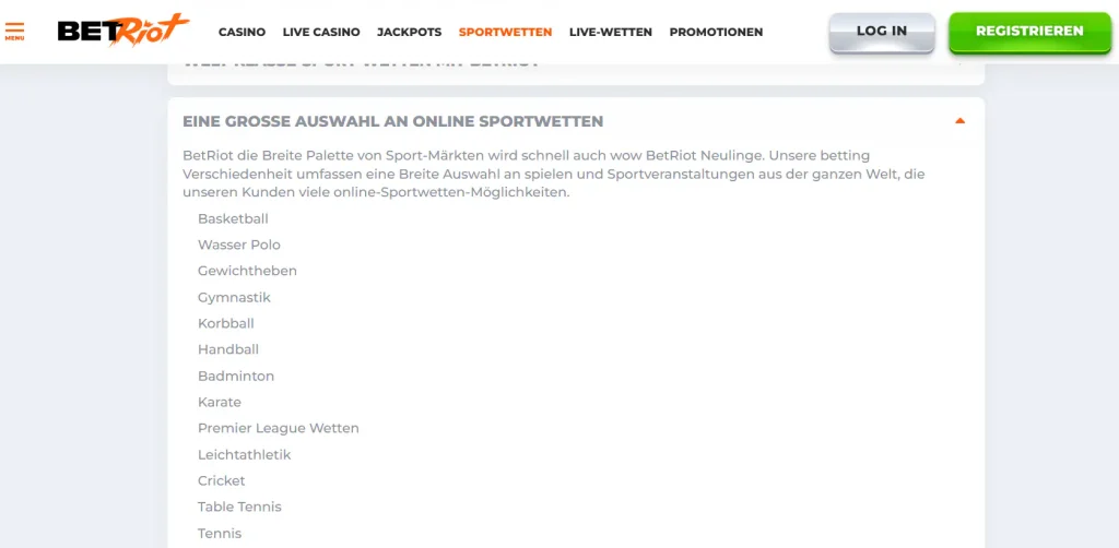 Sportartenliste und Wettmärkte der BetRiot-Sportseite in deutscher Sprache