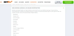 Sportartenliste und Wettmärkte der BetRiot-Sportseite in deutscher Sprache